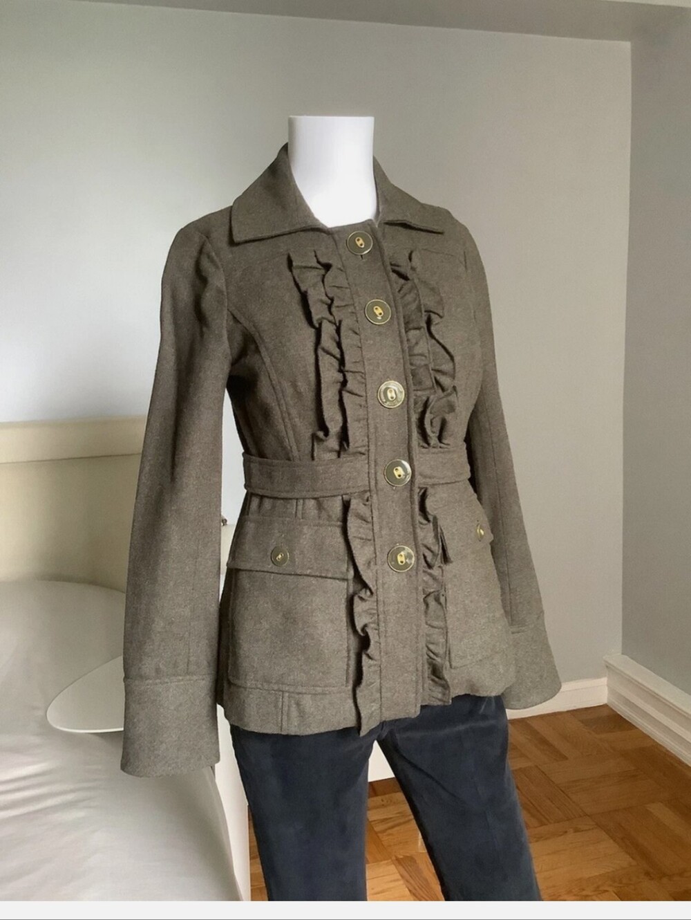 Anthropologie Tabitha Oxer Military Ruffle Wool Blend Jacket Green 0